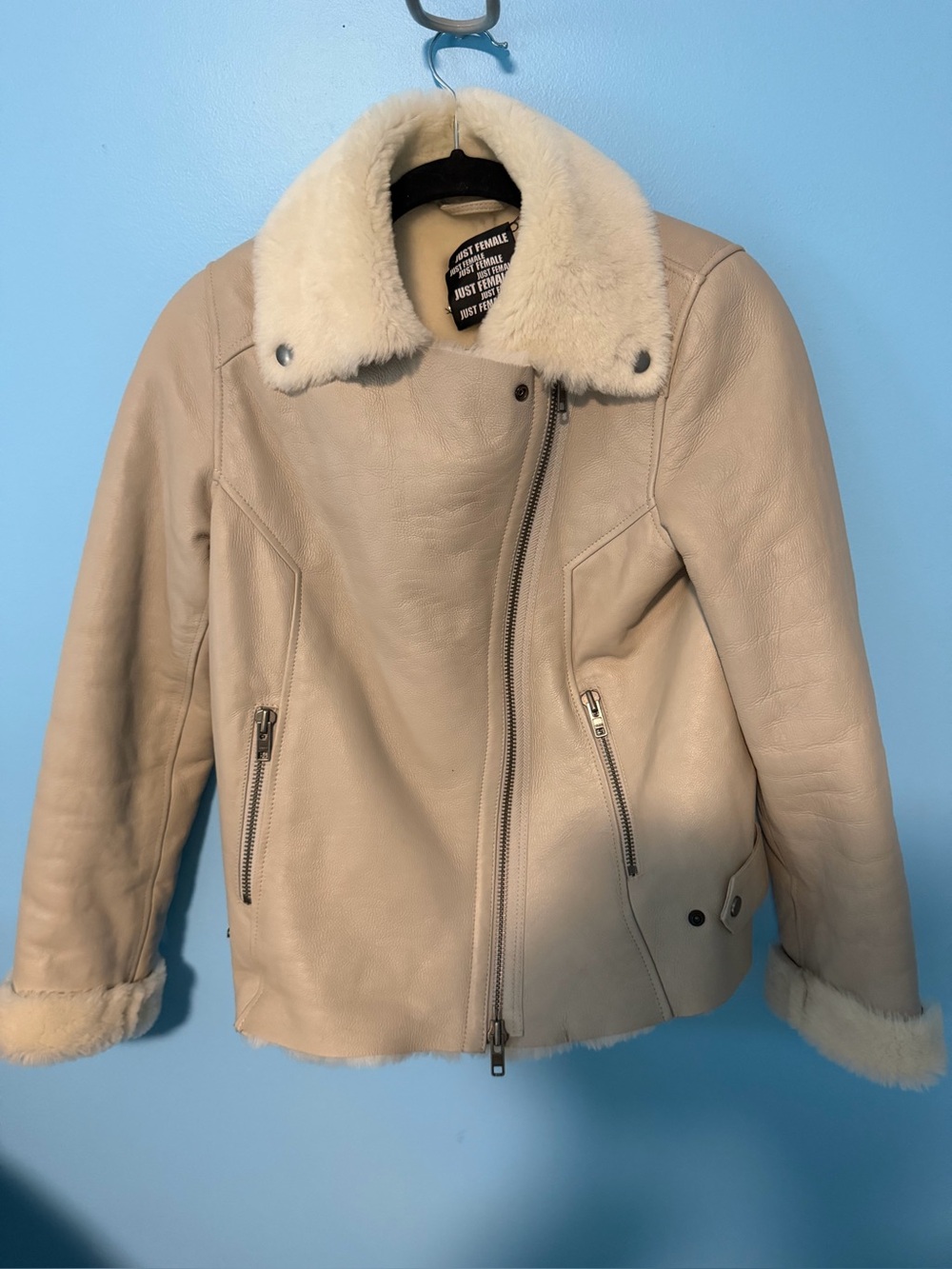 Just Female Cream Shearling Bomber Jacket